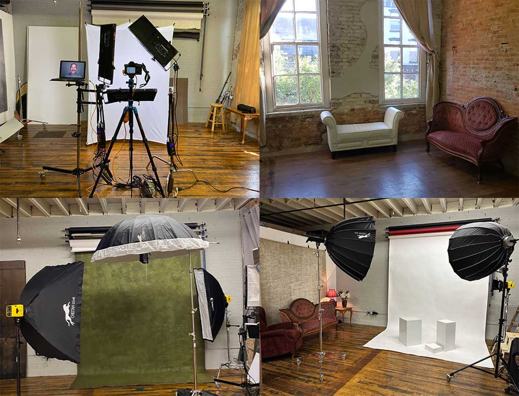 collage of 4 images of a small headshot photography studio