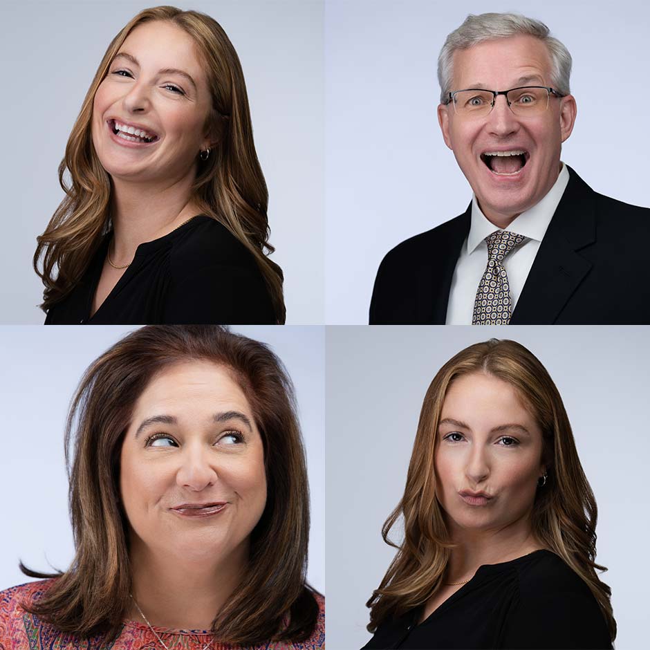 3 women and 1 man in suit in professional fun headshot 2 x 2 grid